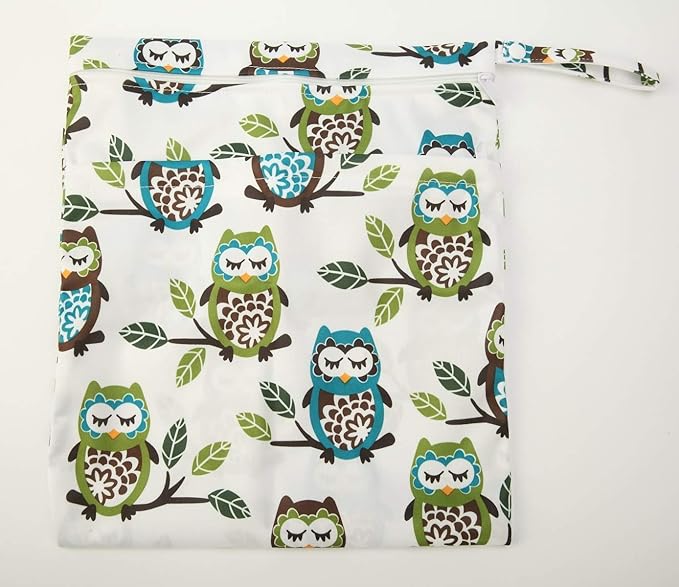 2 Wet Bags Reusable Diaper Nappy Waterproof With Two Zippered Pockets (Owl and Foliage)