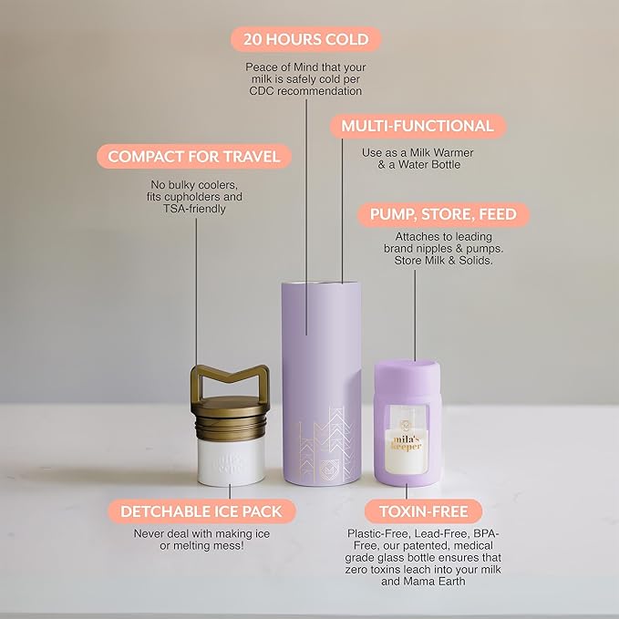 Mila's Keeper Portable Insulated Breast Milk Cooler Set | 20 Hr Storage | Cooler, Breast Milk Storage Bottle & Ice Pack for Travel | Fits Leading Pumps | Wide Neck Lavender Fields
