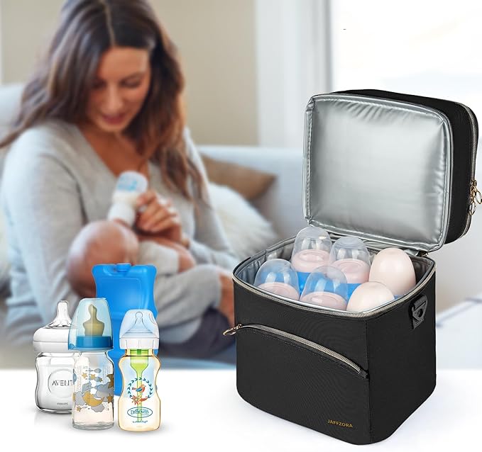 Breastmilk Cooler Bag with Ice Pack, Insulated Baby Bottle Tote Bags Fits 6 Bottles Up to 9 Ounce, Double Layer Breastmilk Travel Carrying Case for Nursing & Working Mom