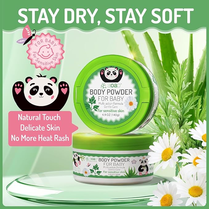 Baby Body Powder with Puff, Natural Cornstarch + Zinc Oxide Skin-Protecting Formula, Talc-Free, Soothing & Gentle Absorption, Newborn Essential, Family-Friendly, 140g/4.9oz (2Pack)