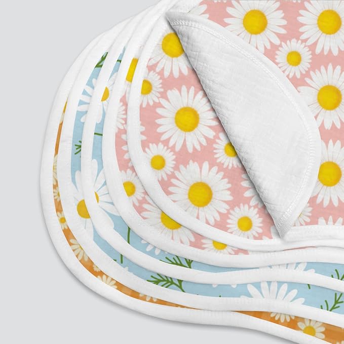 6-Pack Baby Burp Cloths with 3 Unique Daisy Prints, 100% Cotton Muslin Crinkle Burping Rags for Feeding & Spitting Up, Absorbent Newborn Washcloths, Aesthetic Gift Set