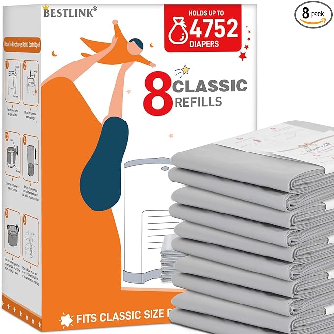 8 Pack Refills Compatible with DEKOR CLASSIC Diaper Pails | 20% Extra Length Diaper Pail Refill Bags Liners Holds 4752 Diapers | Ultimate Odor Control with Baby Scented
