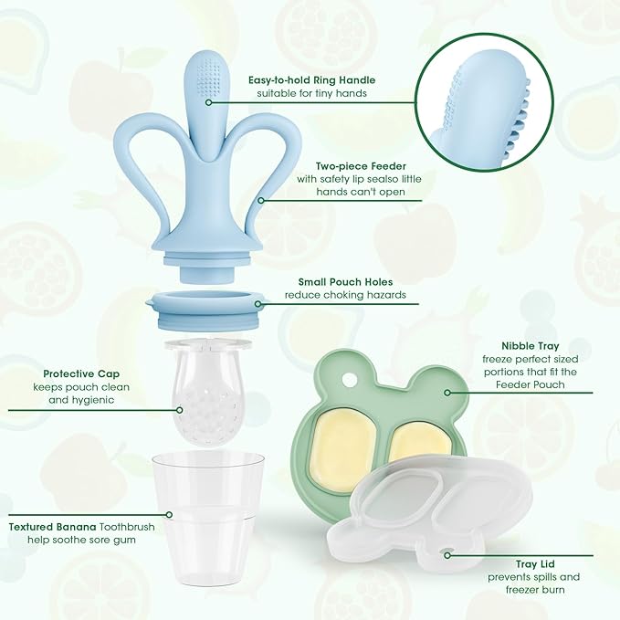 JEXFUN Baby Fruit Feeder & Breastmilk Popsicle Mold Set, Silicone Food Feeder Pacifier for Cooling Relief with 3 Replaceable Pouches, BPA-Free Teething Toy for Safe Infant Self Feeding (Sky Blue)
