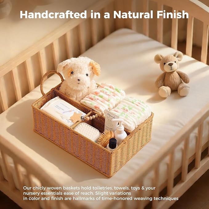 Diaper Caddy Organizer, Hand Rattan Nursery Baby Basket Changing Table Organizer for Baby Essentials, Baby Shower Gifts, Versatile Shelf Basket Bathroom/Kitchen Organizer (Natural, L)