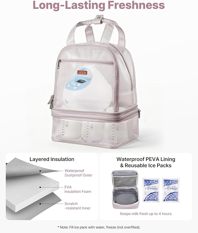 VEVOR Breast Pump Backpack, Breast Feeding Bag with Ice Pack, Compatible with Spectra S1/S2, Portable Pump Carrying Case for Breastmilk Storage, Work, Travel and Family Use, Light Pink