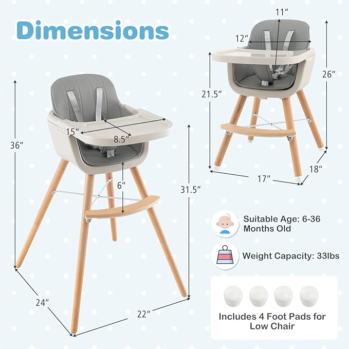 HONEY JOY Baby High Chair, 6-in-1 Eat & Grow Wooden Highchair/Toddler Chair with Removable Tray, 5-Point Harness, PU Cushion and Footrest, Convertible High Chair for Babies and Toddlers(Gray)