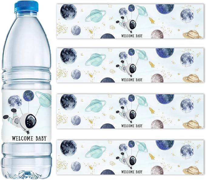 28Pcs Outer Space Baby Shower Water Bottle Labels, Solar System Welcome Baby Water Bottle Wrappers for Gender Reveal Decor - Personalized Astronaut Label Supplies