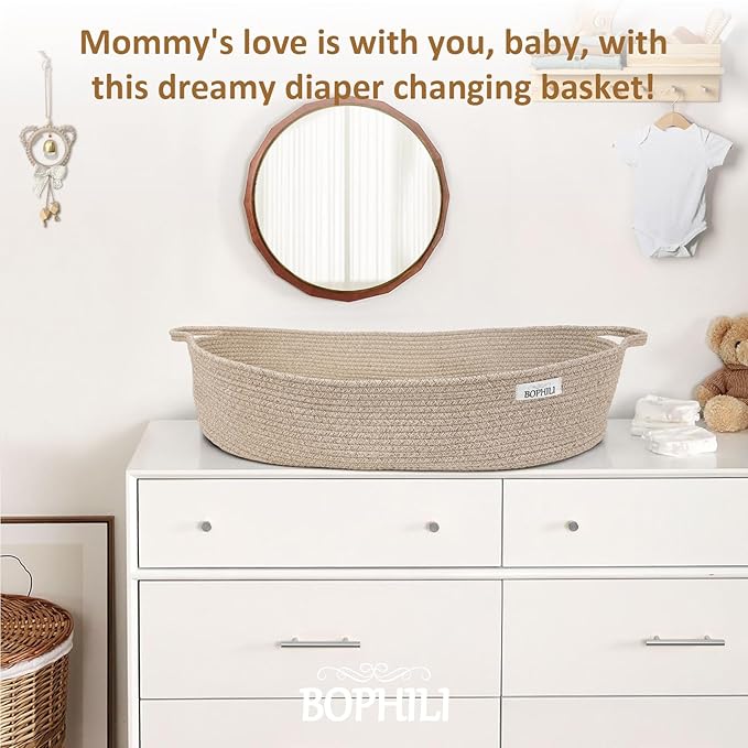Baby Changing Basket Foldable Baby Changing Pad and Waterpoof Cover, Premium Handmade Cotton Rope Reinforced Moses Baskets Changing Table Topper, Built-in Security Strap (Warm Brown)