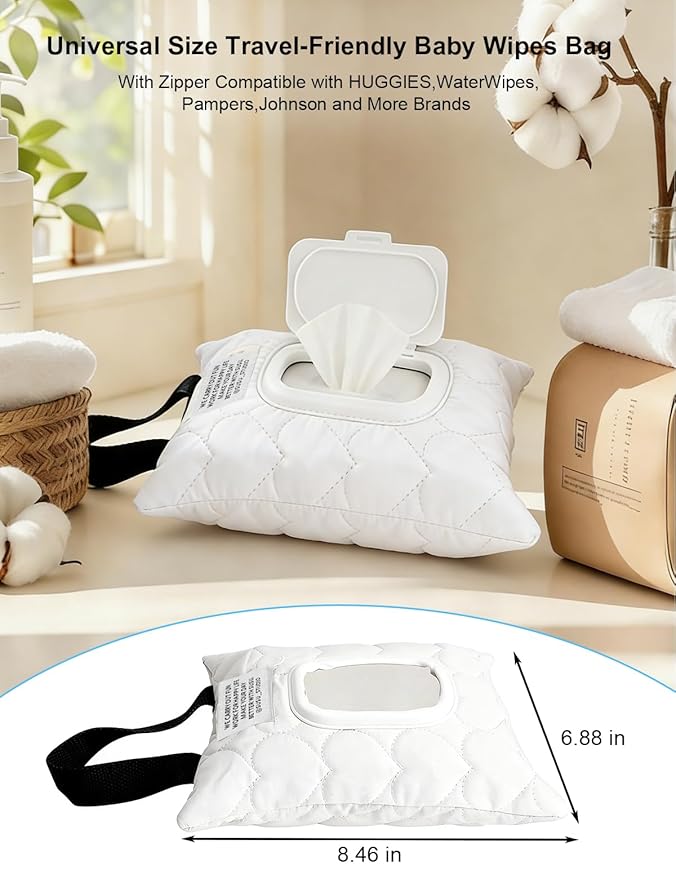 Reusable Baby Wipe Cover Fabric Quilted, Universal Size Travel-Friendly Baby Wipes Bag with Zipper Compatible with HUGGIES,WaterWipes,Pampers,Johnson and More Brands (White)