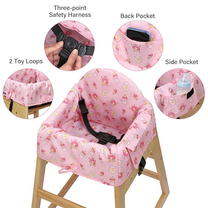 High Chair Cover for Baby Restaurant with 3-Point Harness,Portable High Chair Covers for Travel,Dining Out,Waterproof and Machine Washable,Inner Padded,Fits Wooden High Chairs,Pink
