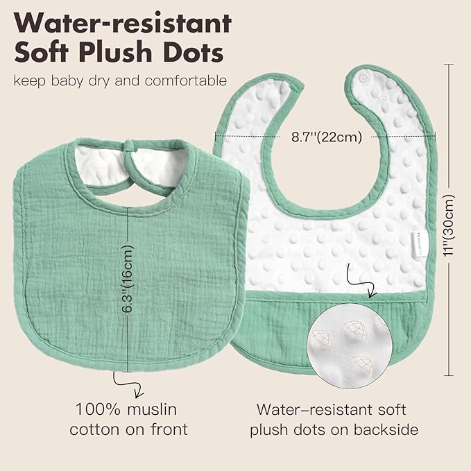 Drool Bibs for Baby Boys & Girls, 8 Pack Muslin Baby Bibs for Drooling and Teething with Hidden Pocket, Soft Cotton, Extra Absorbent, Mess-proof, for Toddler, Newborn, Infant