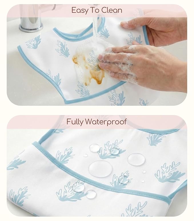 3-Pack Waterproof Baby Bibs for Eating - Mess Proof Lightweight Toddler Feeding Bibs with Large Food Catcher, Food-Grade Baby Eating Essentials, Easy to Put On & Clean(Blue Ocean Whale)