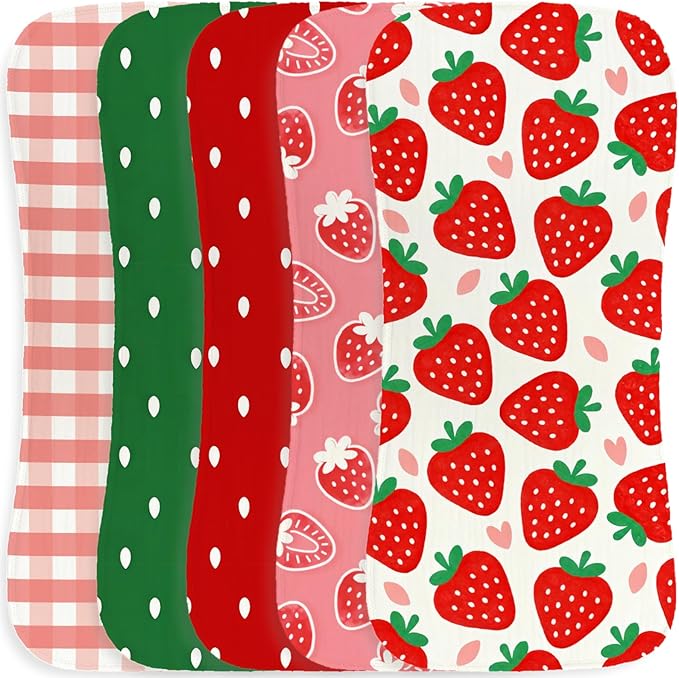 5 Pack Baby Burp Cloths, Soft Cotton Sweet Strawberry & Berry Harvest Theme Burp Cloths, Super Absorbent Cute Gingham & Fruit Print Washcloths, Newborn Baby Essentials Gift Set