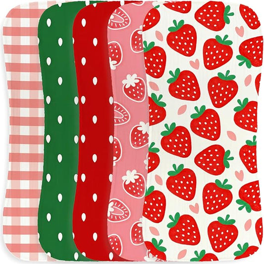 5 Pack Baby Burp Cloths, Soft Cotton Sweet Strawberry & Berry Harvest Theme Burp Cloths, Super Absorbent Cute Gingham & Fruit Print Washcloths, Newborn Baby Essentials Gift Set