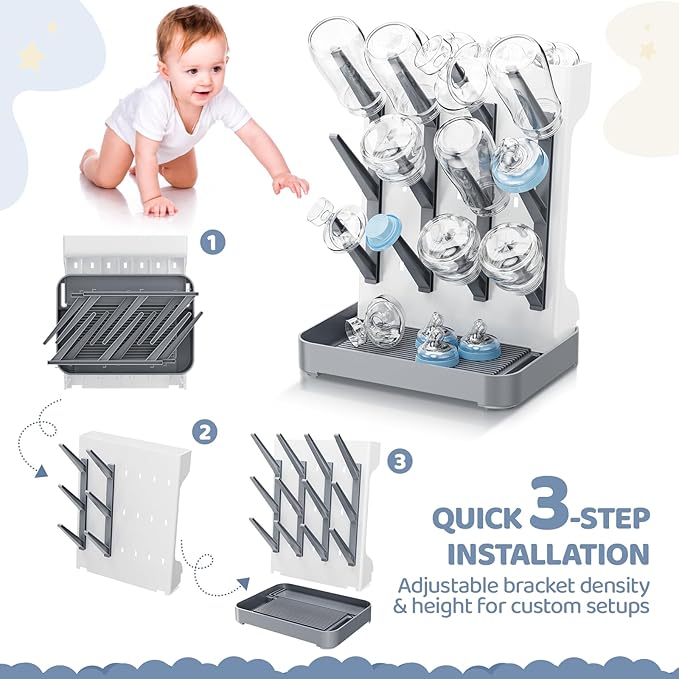 Dayacoco Baby Bottle Drying Rack, Space Saving Vertical Bottles Dryer Holder, Standing Bottle Drying Rack for Countertop Kitchen Organize Bottles, Brushes, Baby Accessories (Gray)