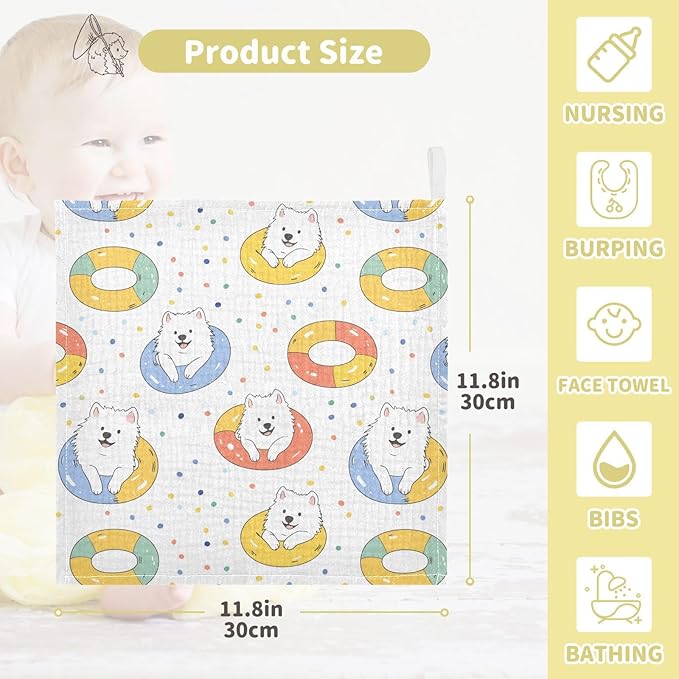 vvfelixl Baby Muslin Washcloths Kawaii Samoyed Swim Baby Burp Cloths Cotton Babys Face Towel for Newborn Infants Boys Girls Soft and Absorbent 11.8 X 11.8 in, 3 Pack