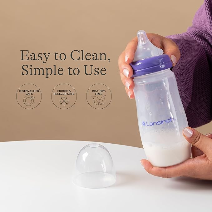Lansinoh Anti-Colic Baby Bottles, BPA-Free Plastic, 11 Ounces, 4 Count, Fast Flow Nipples (Size F), Breastfeeding Bottle with NaturalWave Design