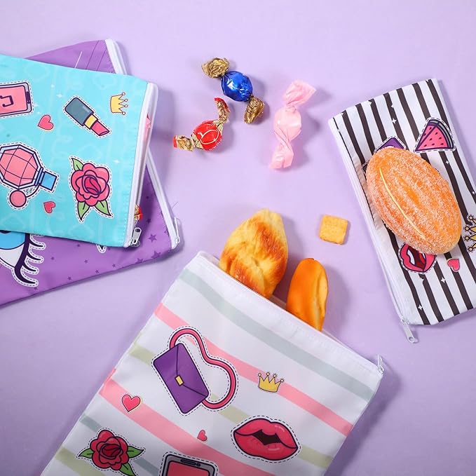 Paterr 4 Pcs Sandwich Bag Reusable Zipper Snack Bags Washable Food Safe Lunch Bags for Kids Students Adults Food (Novel)