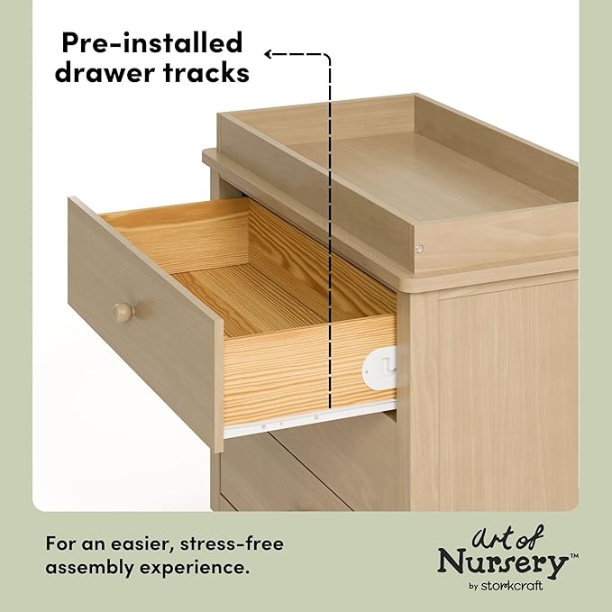 Storkcraft Rio 3 Drawer Chest with Changing Topper (Driftwood) – GREENGUARD Gold Certified, Premium Wood Dresser for Baby & Kids Bedroom, Safety Interlocking Drawers, Pre-Installed Tracks, Kids Chest