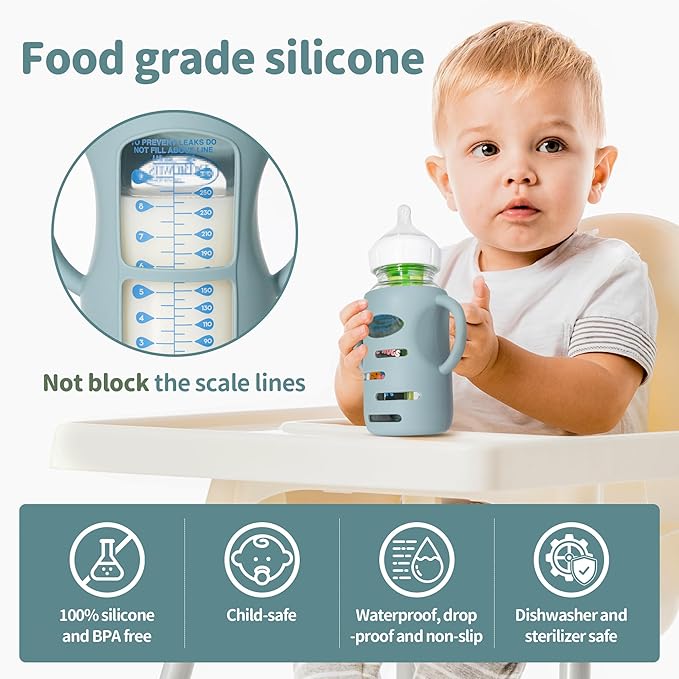 3 Pack Silicone Sleeves for Dr Brown Wide-Neck Glass Baby Bottles, Food GradeAnti Breakage Baby Bottle Holder with Handles and 3pcs Travel Bottle Caps, 9oz