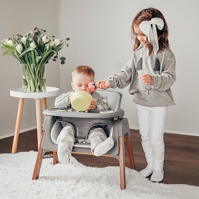 Fodoss Baby High Chair, Light Gray, 4-in-1 Foldable Design, Sturdy Metal Square Tube with Wood Grain, Removable Dishwasher Safe Tray, 5-Point Harness, Waterproof Cushion