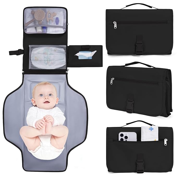 CEICEI Portable Diaper Changing Pad Waterproof Travel Baby Changing Mat with Large Wet/Dry Pocket & Elastic Wipes Pockets, Foldable Compact for On-The-Go Diaper Changer (Black)