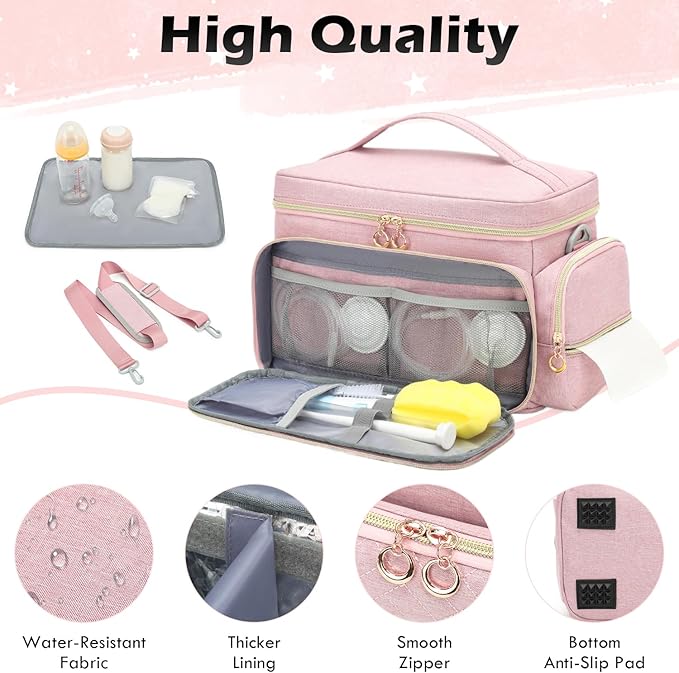 Breast Pump Bag Fit for Spectra S1 and S2 - Pumping Bag with Ice Pack & Waterproof Mat, Portable Breast Pump Storage Bag for Work, Travel and Family Use, Pink