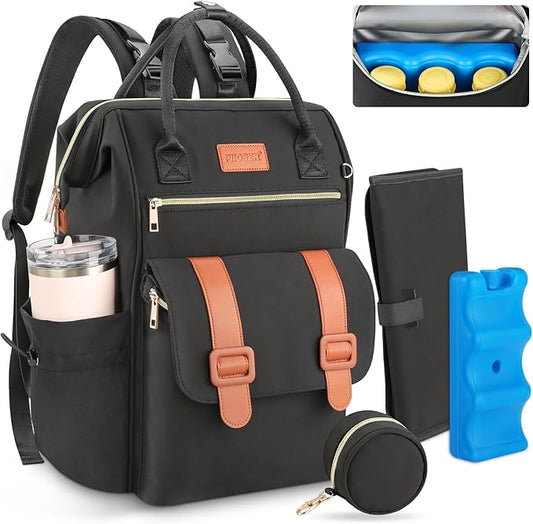 PIIOSER Diaper Bag Backpack with Ice Pack, Large Capacity & Waterproof Baby Travel Backpack Bag for Moms Dads, Insulated Baby Cooler Bag with Changing Pad, Stroller Straps & Pacifier Case, Black