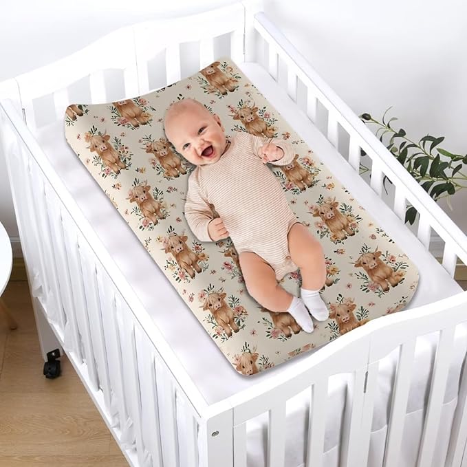 Highland Cattle Floral Baby Changing Pad Cover Set of 1 Changing Table Cover for Girls, Changing Pad Covers 32"x16" Snug Fitted Diaper Table Sheet