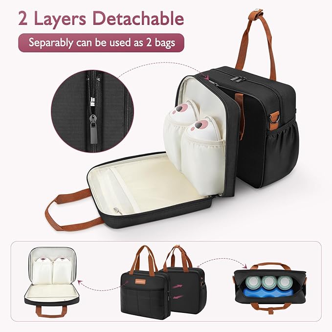 Detachable Breast Milk Cooler Travel Bag with Ice Pack, Double Layer Breast Pump Bag Compatible for Wearable Breast Pump, Portable Breastmilk Cooler Bag & Carrying Case with Waterproof Mat