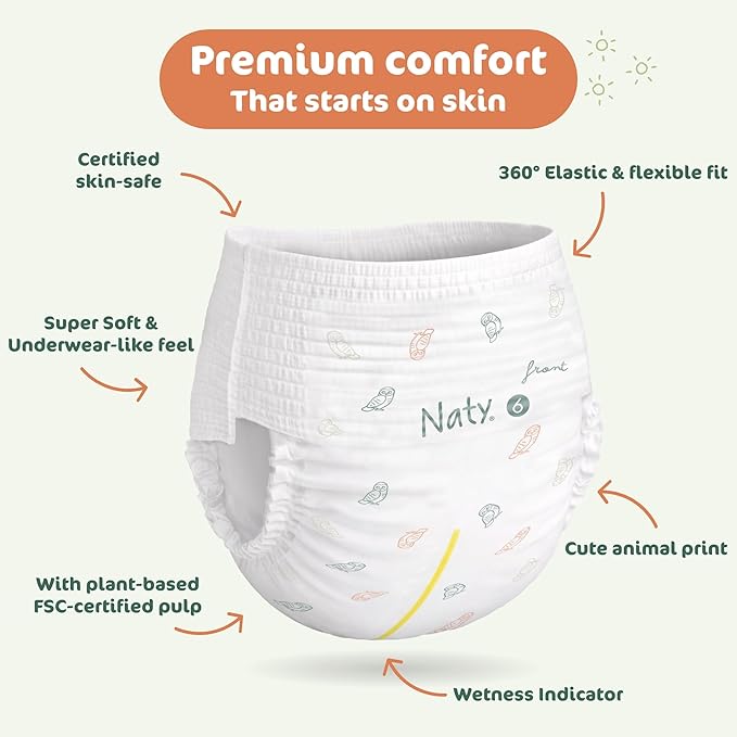 Naty FreeMovers Pull Up Training Pants for Sensitive Skin | Hypoallergenic Potty Training Underwear | Absorbent & Leak-Proof for Toddler | Soft, Unscented | Size 6, 4T–5T (30–44 lbs), 96 Count