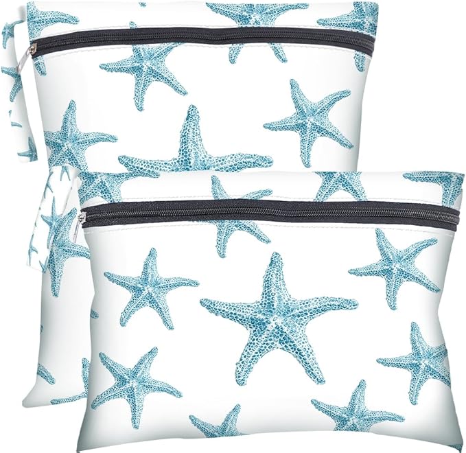 2Pcs 2 Sizes Starfish Wet Bag Swimsuit Beach Wet Bags Ocean Theme Polyester Waterproof Sandproof Reusable Storage Zipper Pouch for Friends Makeup Swimsuit Travel Dirty Diaper Clothes Gifts