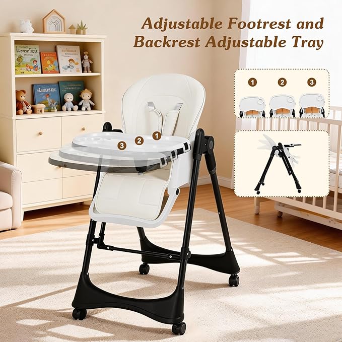 3-in-1 Baby High Chair | Convertible Baby High Chair for Babies and Toddlers | Brake Wheels, Easy Clean, Space Saving | Adjustable, Removable Tray (Black White)