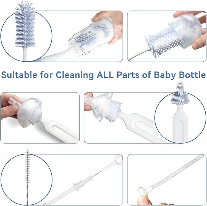 Baby Bottle Brush Set, Innovative Efficient Press-to-Spin Brush Cleaner - Includes Silicone Bottle Brush, Nipple Brush, Straw Cleaner - Spinning Generates Rich Foam for Deep Cleaning, Blue
