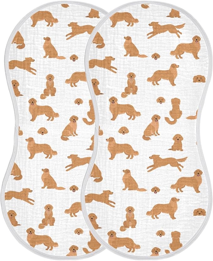 Muslin Burp Cloths for Baby Boys and Girls - 2-Pack Ultra Absorbent Golden Retriever Dogs Muslin Washcloths, Newborn Towel, Milk Spit Up Rags, Burp Cloth Bib for Unisex, 22 x 11 Inch