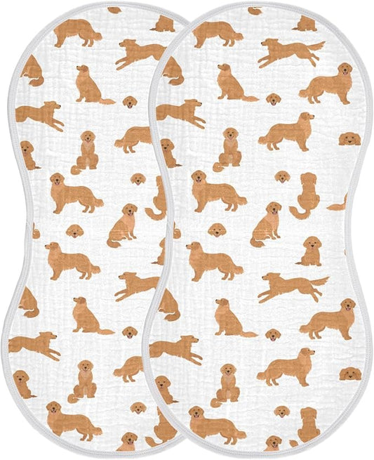 Muslin Burp Cloths for Baby Boys and Girls - 2-Pack Ultra Absorbent Golden Retriever Dogs Muslin Washcloths, Newborn Towel, Milk Spit Up Rags, Burp Cloth Bib for Unisex, 22 x 11 Inch