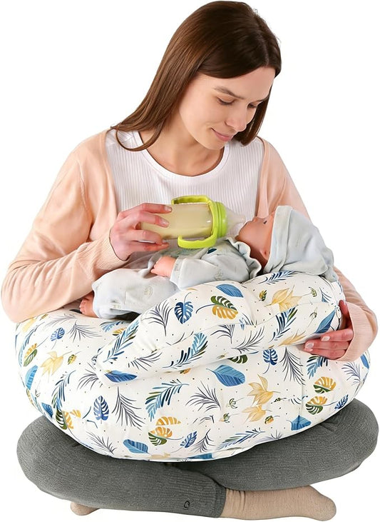 Nursing Pillow for Breastfeeding,Ergonomic Baby Feeding Pillows with Removable Washable Cotton Slipcover, Adjustable Waist Strap,Plus Size,More Support for Mom and Baby(Blue Leaf)