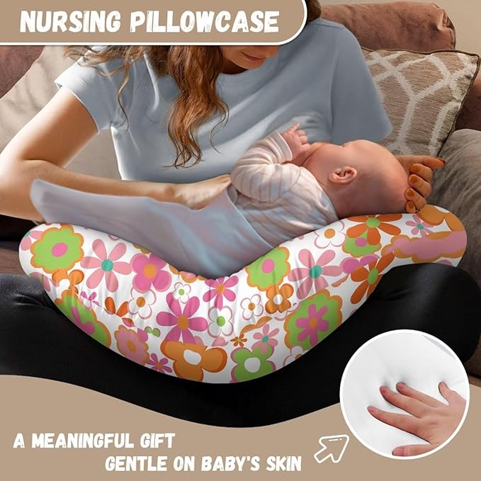 Cartoon Colored Hippie Flowers Nursing Pillow Cover Ultra Soft Comfortable Newborn Nursing Pillow Case Breathable and Skin Friendly