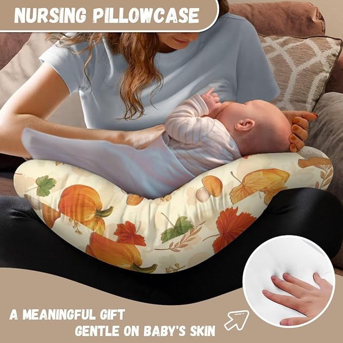 Pumpkin Nursing Pillow Cover for Baby Boys, Fall Decorations Indoor Maple Leaf Breastfeeding Pillow Slipcover, Boo Ghost Bat Pillowcase for Newborn Infant Cover Only