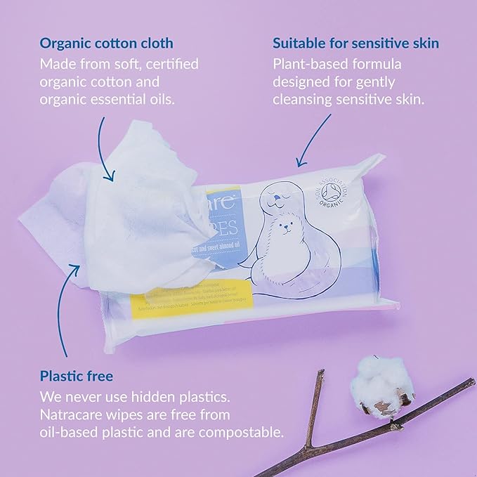 Natracare Organic Cotton Baby Wipes With Essential Oils of Chamomile, Apricot and Sweet Almond Oil (1 Pack, 50 Wipes Total)