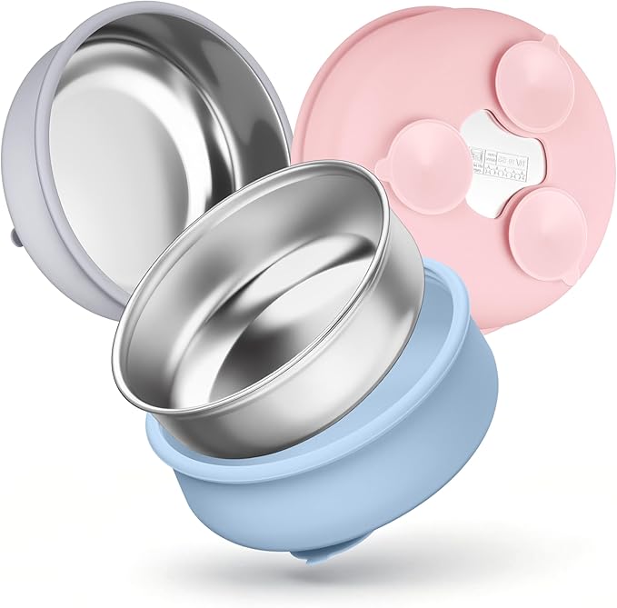 HaWare Baby Bowls with Suction, Stainless Steel Toddler Bowl with Removable Silicone Sleeve, Non-Slip Child Food Bowl with Silicone Suction, Unbreakable Kids Bowls for Feeding, Blue+Grey+Pink, 3 Pack