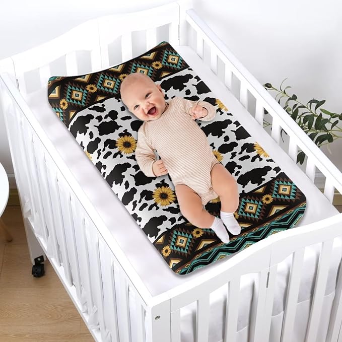 ZDCUSTOM Aztec Sunflower Cow Changing Pad Cover Changing Table Sheets Diaper Changing Table Cover Comfy Cozy Cradle Sheets Fits 32"x16" Contoured Pad