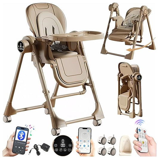Nine point nine Electric Bluetooth Smart PU Leather High Chair with Swinging Function, Baby High Chairs for Babies and Toddlers, Baby Feeding Chairs Seat, Double Tray, Removable Wheels (E8121 Khaki)