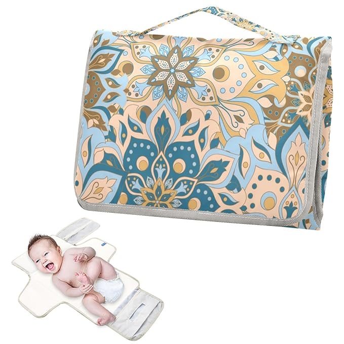Portable Diaper Changing Pad Travel Baby Changing Mat Waterproof Diaper Changing Mat Foldable Lightweight Baby Changer with Built-in Pillow Yellow Mandala