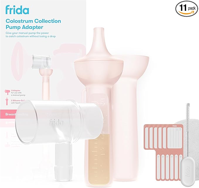 Frida Mom Colostrum Pump Adapter, Connects to Frida Manual Breast Pump to Catch Colostrum, Includes Adapter, 2 Colostrum Collectors, 6 Labels, Cleaning Brush & Cloth, Safe Materials, 11pc kit