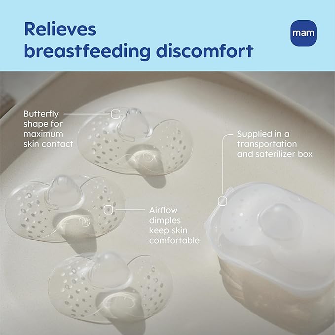 MAM Nipple Shields for Breastfeeding Large 23mm – Ultra Thin Silicone Shield for Latch Assist, Protects Sore or Flat Nipples, SkinSoft Surface, Sterilizing Case Included, BPA Free (2 Pack)