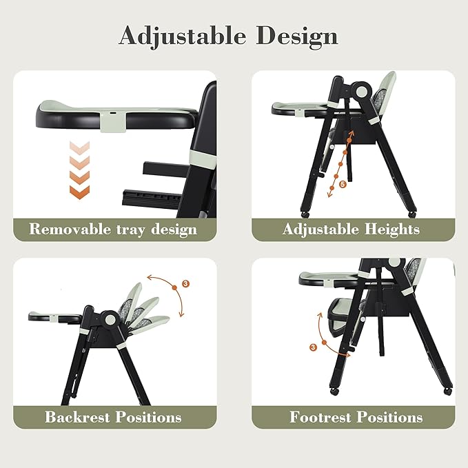 Foldable Baby High Chair with 150° Swing & Recline,Convertible High Chairs for Babies and Toddlers,5 Height Levels,3 Backrest & Footrest Positions,Removable Double Tray,Lockable Wheels (Dark Green)