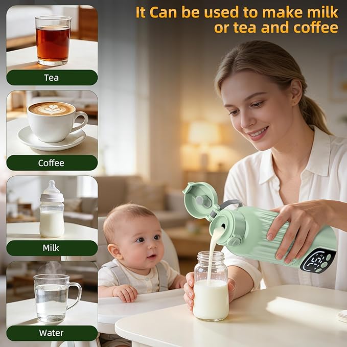 Portable Bottle Warmer for Travel, 17oz Large Capacity, 18000mAh Battery Life, Dual Heating Modes for Breast Milk Water, Fast Heating, Cordless Milk Warmer for Car Airplane Outdoor (Green)