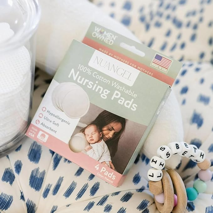 NuAngel 100% Cotton Washable Nursing Pads for Breastfeeding, Reusable & Breathable Leak Protection – 4 Pack (Natural)