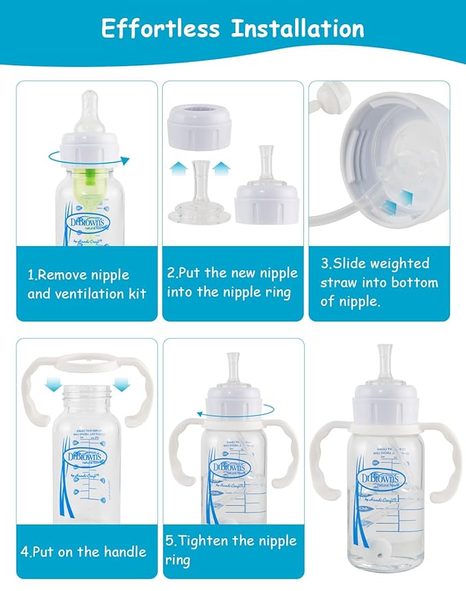 Straw Cup Conversion Kit for Dr Browns Narrow and Narrow Glass Baby Bottles, Spill-Proof Transition Kit with Silicone Straw Nipple, Weighted Straw, Handle, 4 Pack, 8m+